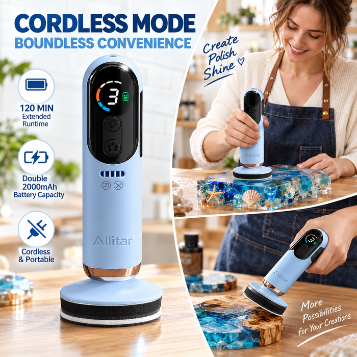Allitar Cordless Mini Sander for Resin Crafts, 4-in-1 Rechargeable Sander & Polisher with Dual 2000mAh Batteries, 3-Speed LCD Display, Handheld Sanding Tool for Wood, Metal, Glass & Jewelry
