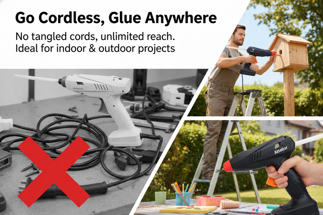 Attelior Rechargeable Cordless Hot Glue Gun, 3-5 Min Quick Heat-Up Hot Melt Glue Gun with Anti-Drip Nozzle, Ergonomic Trigger, High Temp Glue Gun for Crafts, DIY, Repairs, Decorations & School Projects