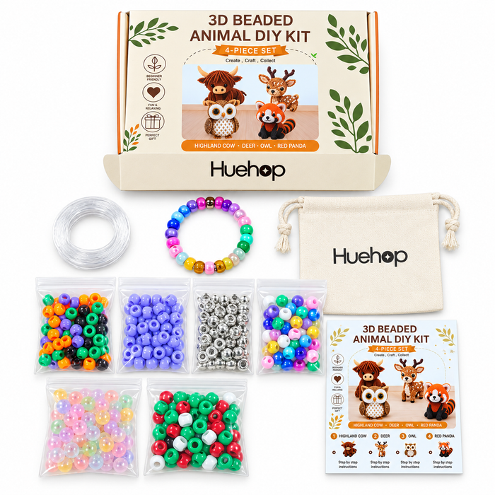 Huehop 3D Beaded Animal Craft Kit, 4-Piece DIY Beading Kit to Make Highland Cow, Deer, Owl & Red Panda, Beads, Cord, Storage Pouch & Instructions, Creative Craft Gift for Beginners
