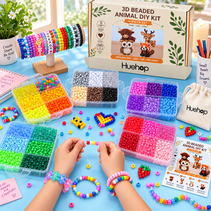 Huehop 3D Beaded Animal Craft Kit, 4-Piece DIY Beading Kit to Make Highland Cow, Deer, Owl & Red Panda, Beads, Cord, Storage Pouch & Instructions, Creative Craft Gift for Beginners