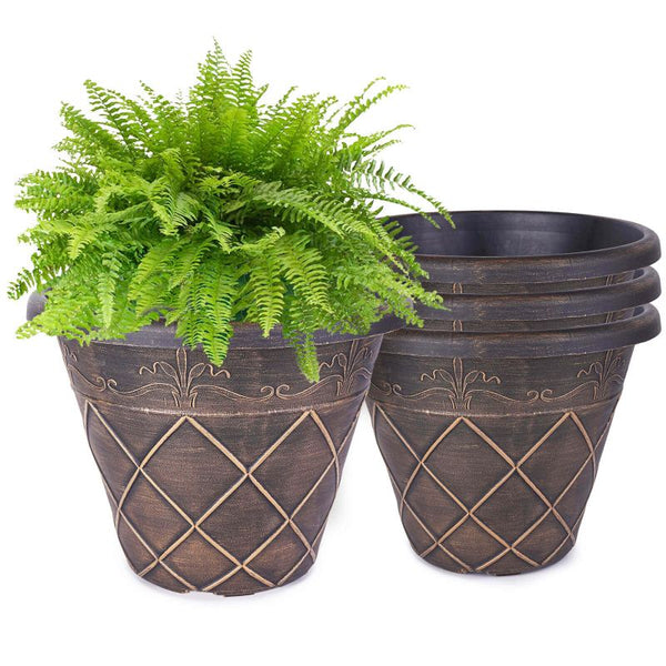 6 Inch Beige&black Ceramic Embossed Plant Pots, Set of 2