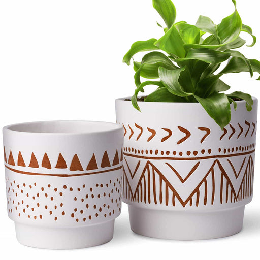 6 Inch Beige & Brown Ceramic Embossed Plant Pots, Set of 2