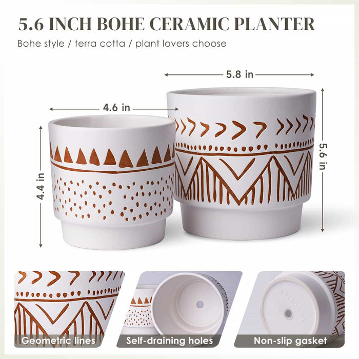 bohemian plant pots 6 Inch Beige & Brown Ceramic Embossed Plant Pots, Set of 2 — Jofamy