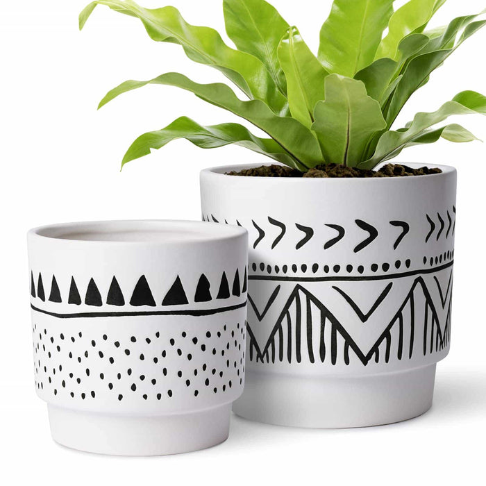 6 Inch Beige&black Ceramic Embossed Plant Pots, Set of 2