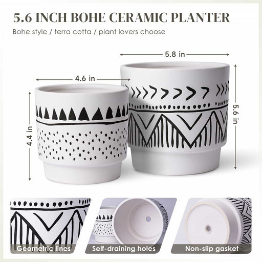 4.4 inch and 5.6 inch beige&black boho minimalistic planters with drainage holes and non-slip gasket