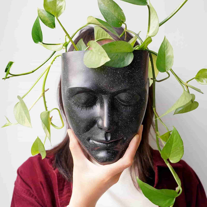 indoor plants as "hair" for black face planter pot