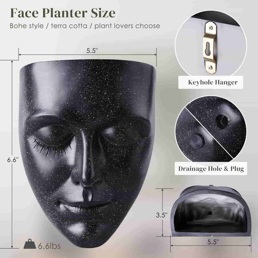 black face planter pot 3.5"x5.5"x6.6" size with keyhole hanger, drainage hole and plug