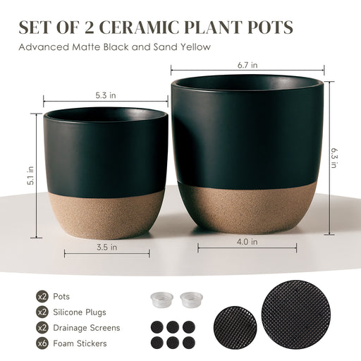 JOFAMY Ceramic Plant Pot, 5.3 Black Planter Pot with Drainage Hole and  Rubber Plug, Matte Black Glaze & Sand Yellow Glaze Ceramic Planter for  Indoor Small Plants, Succulent, Home and Office Decor