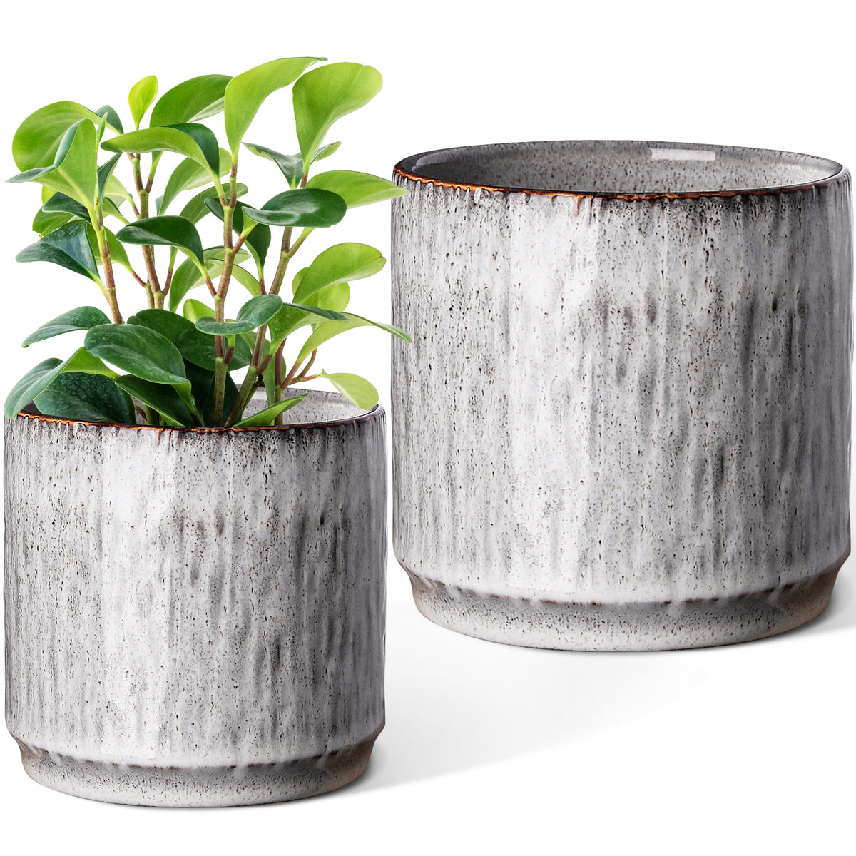 grey and white plant pot JOFAMY Ceramic Flower Pots Indoor, 2 Pack Modern Country Planter with Drainage Holes and Mesh Pad, Tree Texture Design 4.5 and 5.2 Inch Plant Pot, Indoor Outdoor Planter for Balcony Desk Office Decor — Jofamy