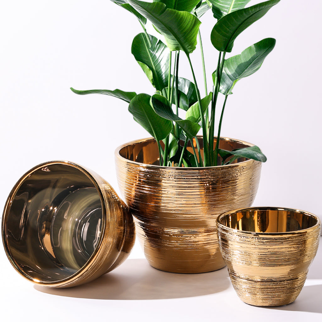 JOFAMY Ceramic Plant Pots 7.1/5.9/4.7 Inch Brushed Gold Finish Planter Pots  with Drainage, Silicone Plugs & Mesh Pads Flower Pots for Indoor Plants  Ideal for Birthday, Wedding