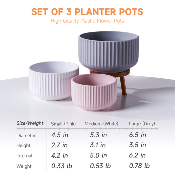 bright coloured plastic plant pots JOFAMY 3 Set Rippled Plastic Planter Pots for Succulents, 4/5/6 Inch Plant Pot, 3 Colors Plastic Flower Pots with Drainage Holes, Modern Concise Indoor Plant Pot for Most Houseplants, Succulents, Aloe, Pothos — Jofamy