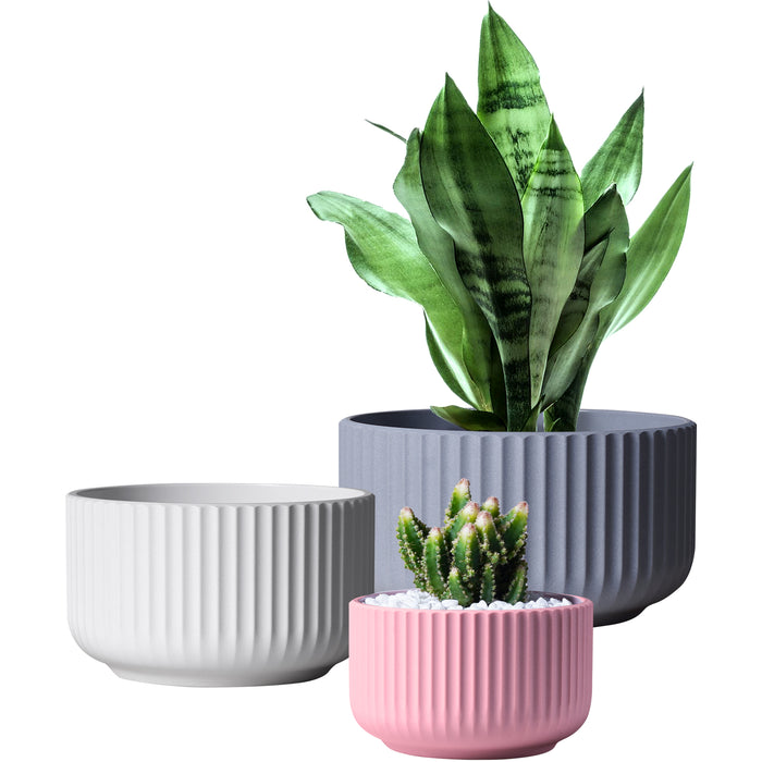 indoor pots for plants with drainage JOFAMY 3 Set Rippled Plastic Planter Pots for Succulents, 4/5/6 Inch Plant Pot, 3 Colors Plastic Flower Pots with Drainage Holes, Modern Concise Indoor Plant Pot for Most Houseplants, Succulents, Aloe, Pothos — Jofamy